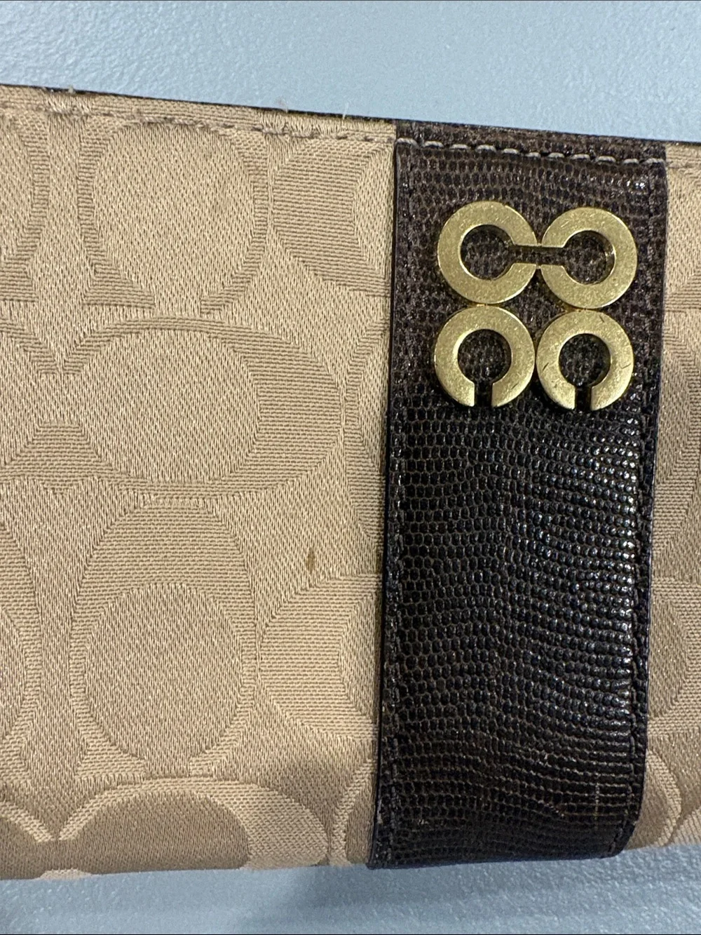 Coach Beige Signature Canvas Zip Wallet with Brown Center Stripe